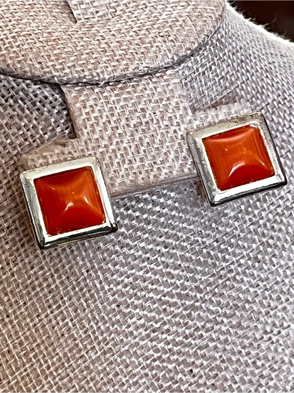 Silver Square Orange Stone Stud Earrings
